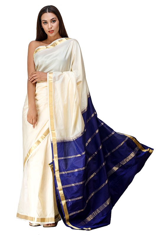 Oyster-White and Blue Uppada Sari from Bangalore with Woven Stripes on Anchal