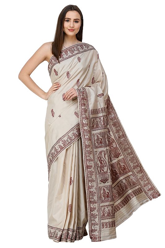 Light-Grey Baluchari Sari from Bengal with Hand-woven Mahabharta Episodes on Pallu
