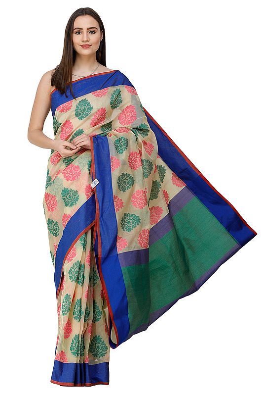 French-Vanilla Handloom Sari from Banaras with Woven Flowers