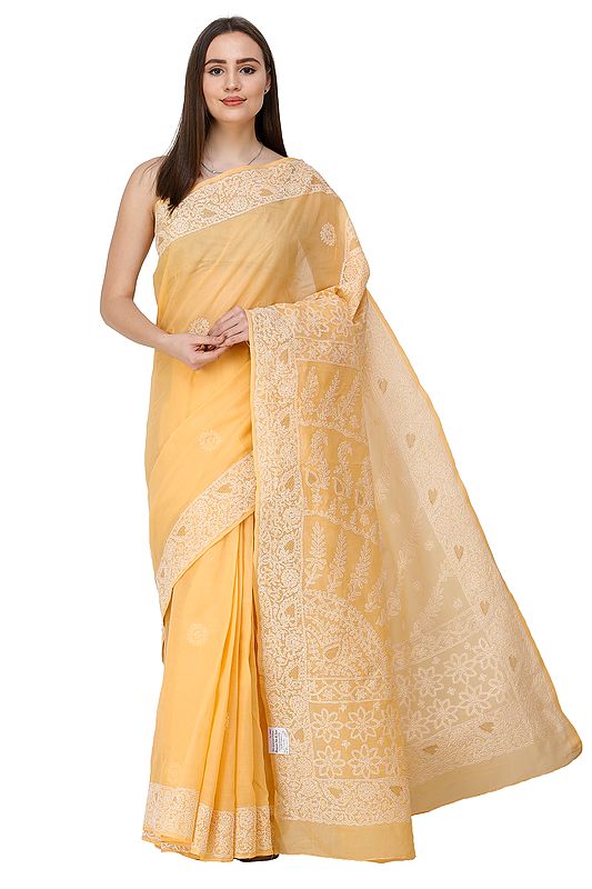 Amber-Yellow Sari from Lucknow with Chikan Embroidery by Hand