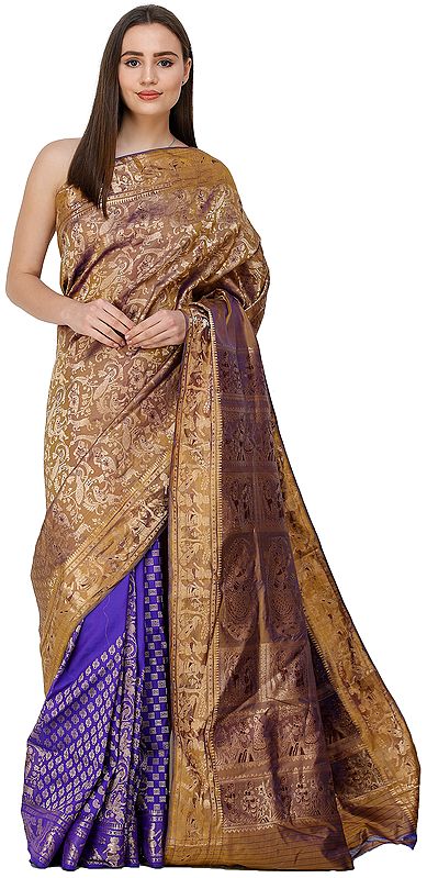 Dazzling-Blue Baluchari Saree from Bengal with Hand-Woven Apsaras on Anchal