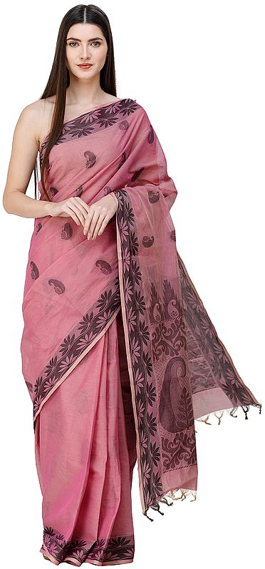 Dusky-Orchid Kanji-Cotton Sari from Chennai with Woven Paisleys on Pallu