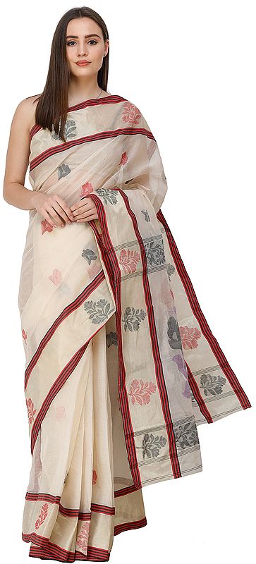 Wood-Ash Tangail Sari from Kolkata with Woven Flowers on Anchal
