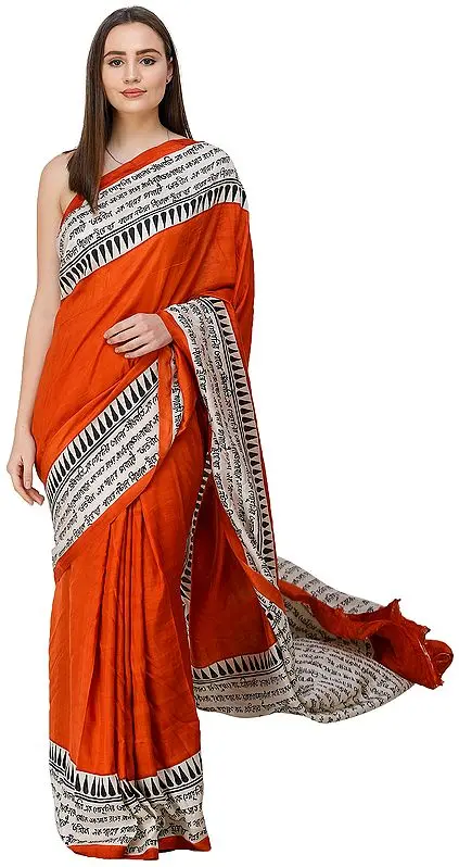Spice-Route Bengali Scripts Printed Sari from Kolkata