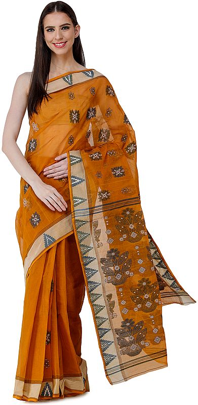 Tangail Sari from Kolkata with Woven Flowers on Anchal