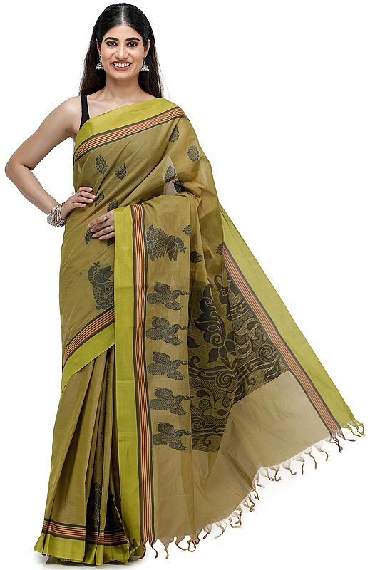 Olive-Green Tangail Sari from Kolkata with Woven Pattern on Anchal and Peacock Border