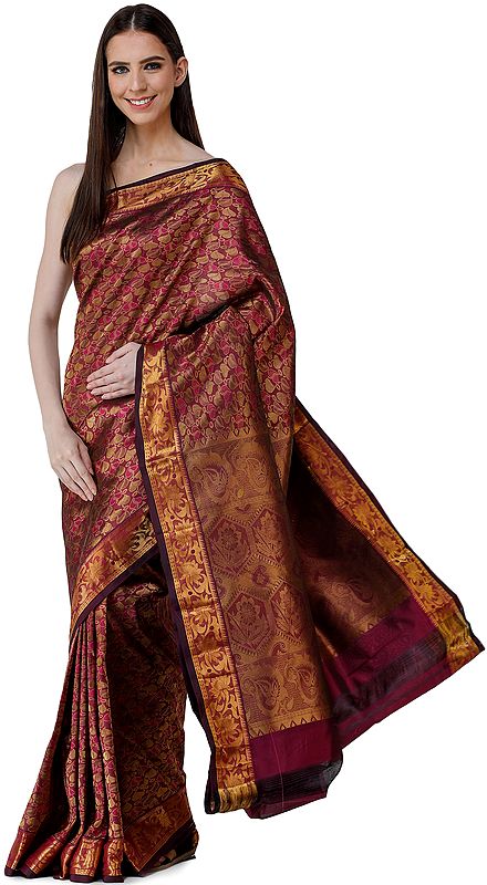 Magenta-Purple Uppada Sari from Bangalore with Zari-Woven Leaves - All Over