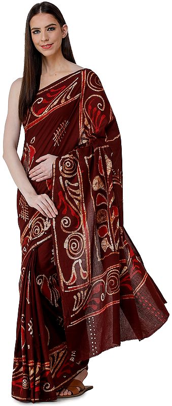 Rum-Raisin Batik Sari from Madhya Pradesh with Bold Motifs