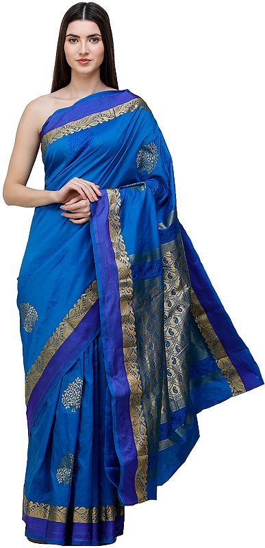Blue-Aster Uppada Handloom Sari from Bangalore with Golden Bootis