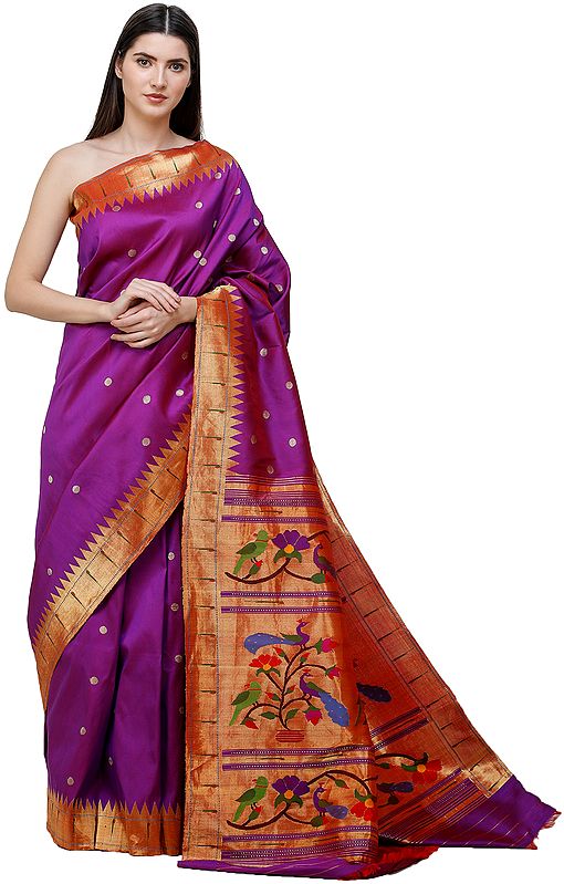 Byzantium-Purple Brocaded Paithani Handloom Sari from Maharashtra with Zari-Woven Munia Pallu