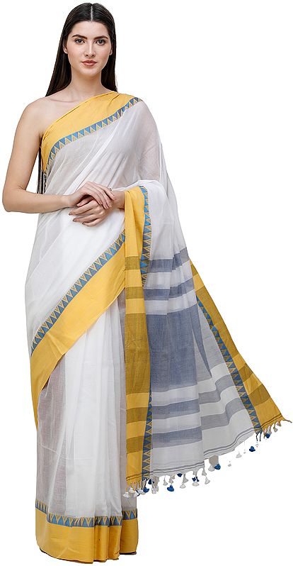 Bright-White Tangail Puja Sari from Kolkata with Woven Pattern on Anchal and Matching Tassels