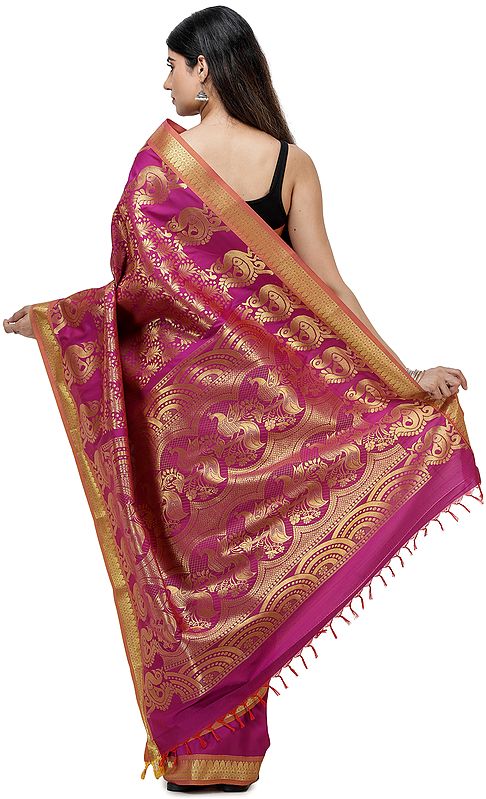 Festival-Fuschia Brocaded Sari with Woven Peacocks on Anchal and Leaf ...