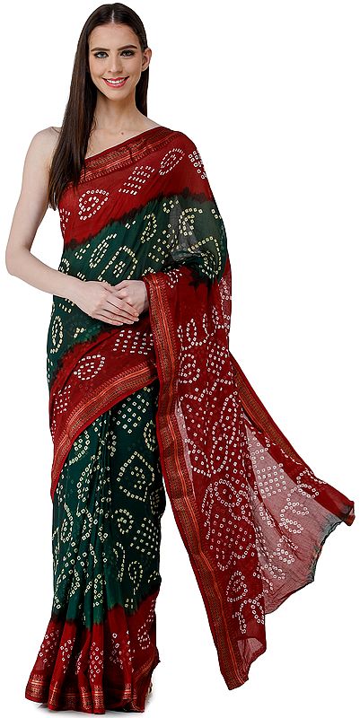 Garnet-Red and Dark-Green Bandhani Sari from Rajasthan with Woven Border