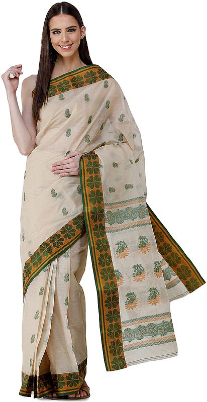 Bleached Sand Tangail Sari from Kolkata with Woven Flowers on Anchal and Border