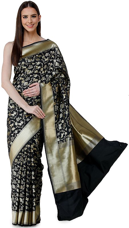 Banarasi Saree with Woven Animals in Zari Thread - All Over