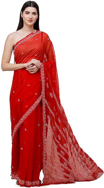 Flame-Scarlet Lukhnavi Chikan Sari with Hand-Embroidered Flowers and Rising-Sun on Pallu