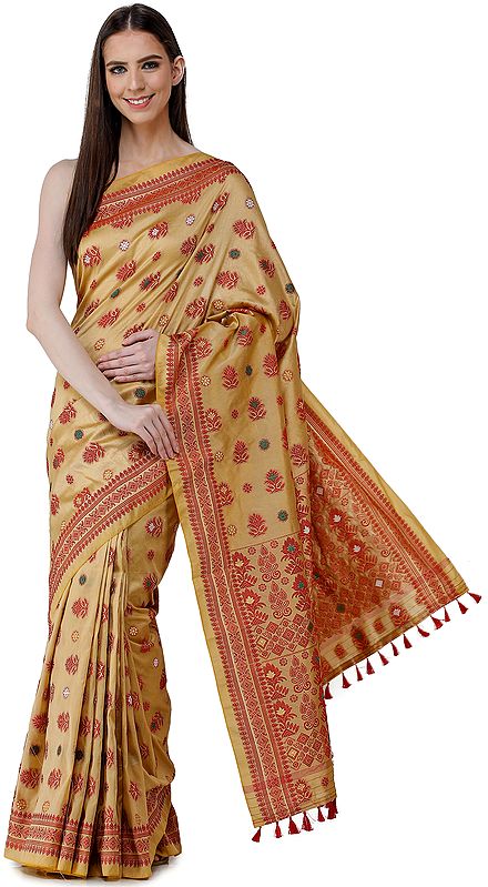 Fall-Beige Sari from Assam with Woven Floral Motifs and Tassels on Pallu