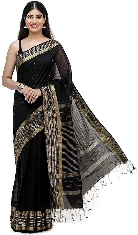 Black-Beauty Maheshwari Handloom Sari with Golden Thread Weave on Border and Pin-Stripes