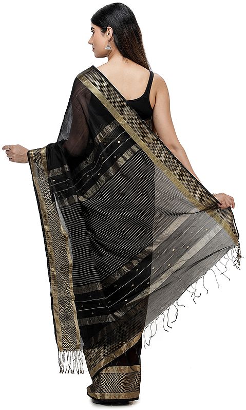 Black-Beauty Maheshwari Handloom Sari with Golden Thread Weave on ...