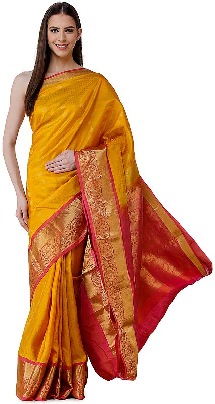 Golden-Yellow Brocaded Sari from Bangalore with Self-Weave and Peacocks on Border