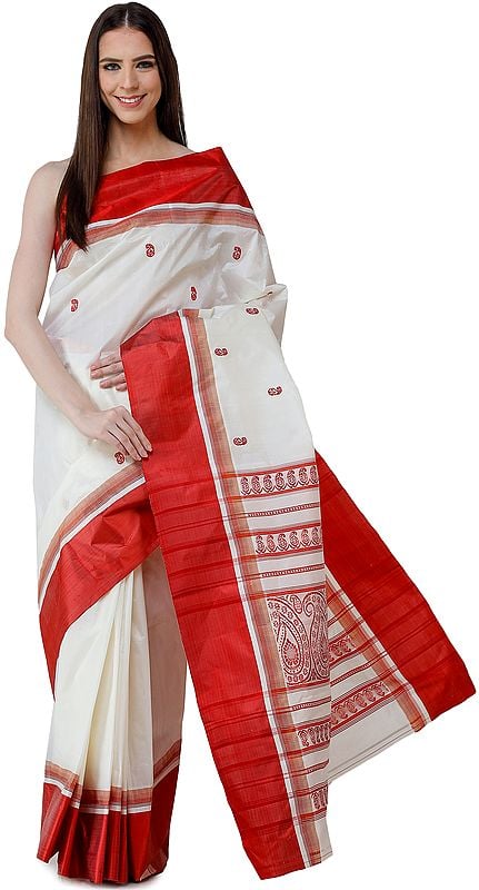 Papyrus-White Garad Sari from Bengal with Woven Paisleys and Red Border