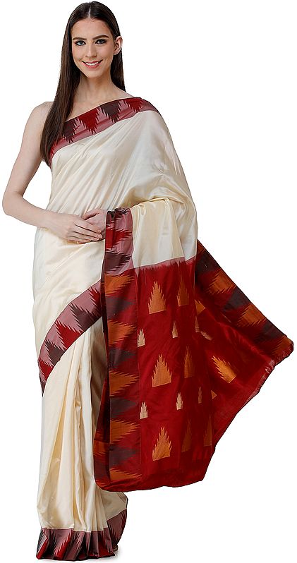 Vanilla-Custard Uppada Handloom Sari from Bangalore with Woven Temple Border