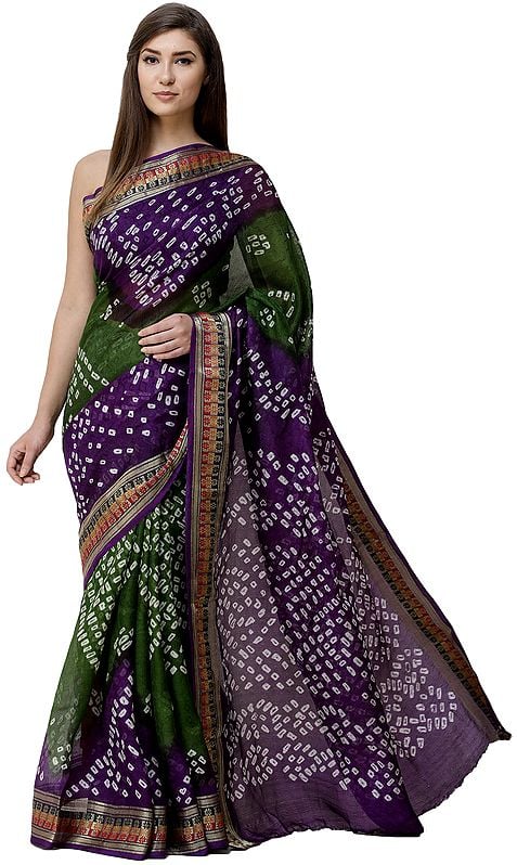 Forest-Green and Violet Bandhani Sari from Rajasthan with Zari Weave on Border