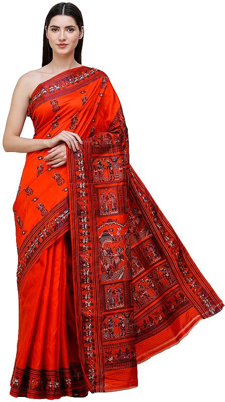 Mandarin-Red Baluchari Handloom Sari from Bengal with Hand-woven Mahabharata Episodes on Pallu