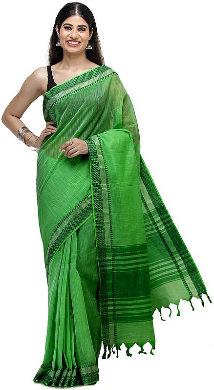 Classic-Green South-Cotton Handloom Sari from Chennai with Woven Border