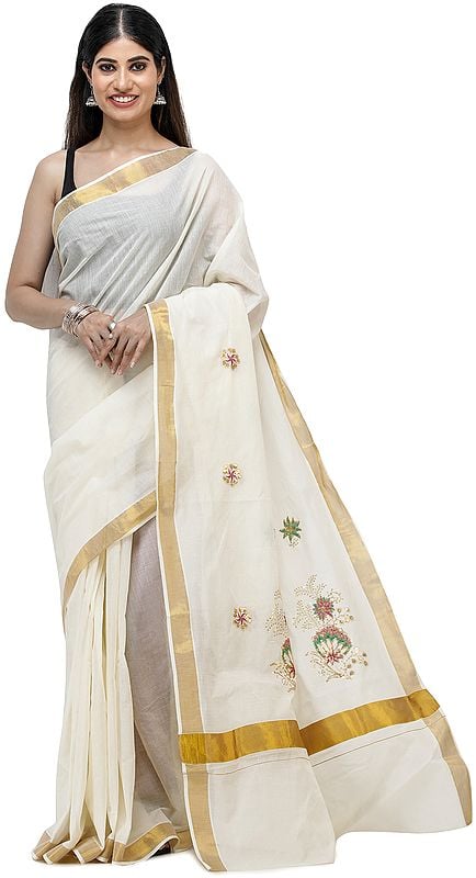 Antique-White Kasavu Sari from Kerala with Embroidered Floral Patches and Golden Border