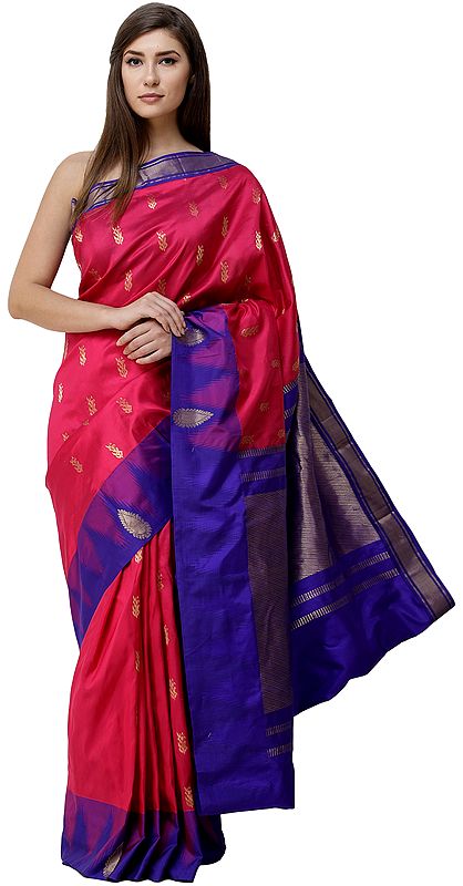 Fuchsia-Purple Uppada Handloom Sari from Bangalore with Woven Temple Border and Golden Pallu