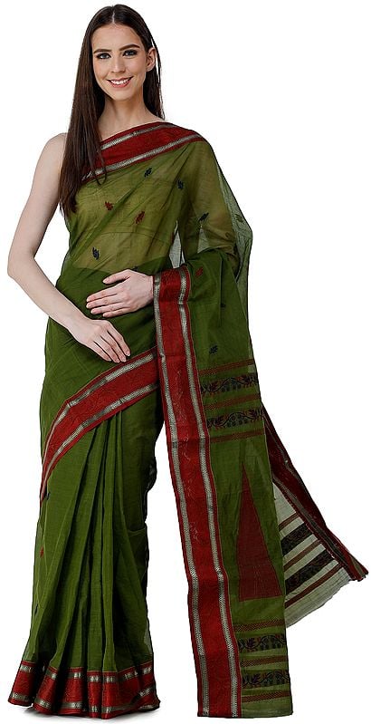 Kale-Green Purbasthali Handloom Sari from Bengal with Giant Woven Temple Pallu
