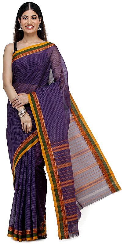 Purple-Passion Venkatagiri Sari from Chennai with Zari-Woven Border and Woven Checks