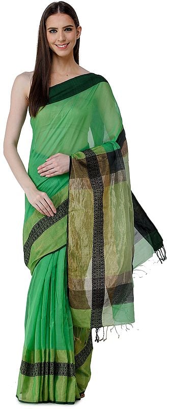 Jade-Green Cotton-Silk Sari from Chennai with Zari Woven Patterns on Border and Pallu