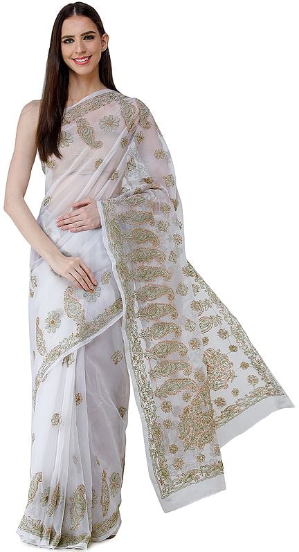 Onyx-White Sari from Lucknow with Chikan Hand-Embroidered Paisleys and Flowers on Anchal