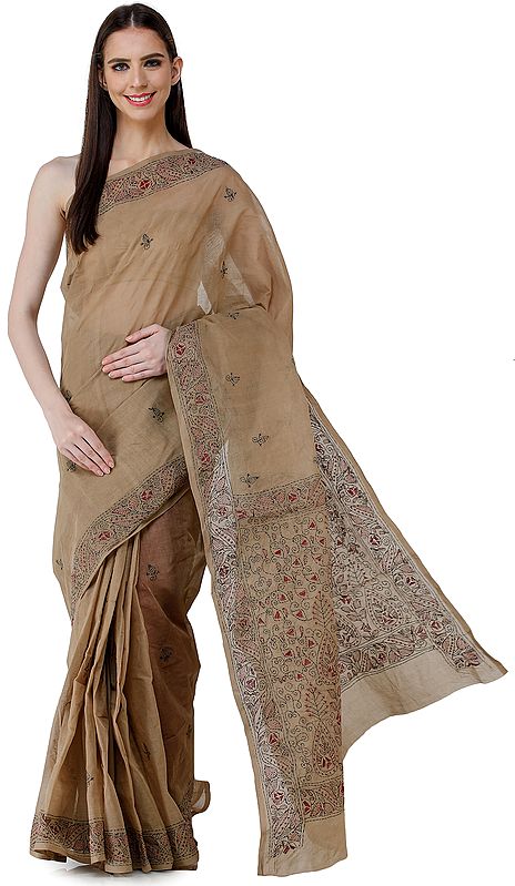 Incense-Brown Sari from Bengal with Kantha Hand-Embroidery on Border and Pallu