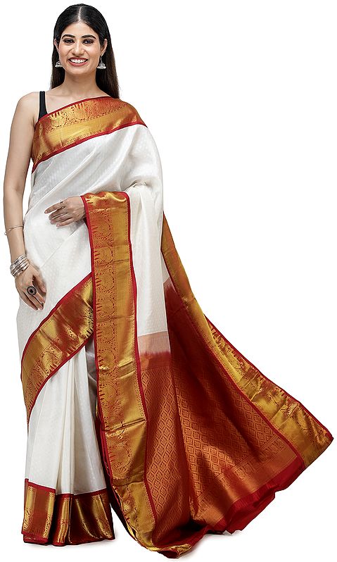 Vanilla-White Brocaded Silk Sari from Chennai with Elephants on Border and Bootis in Self