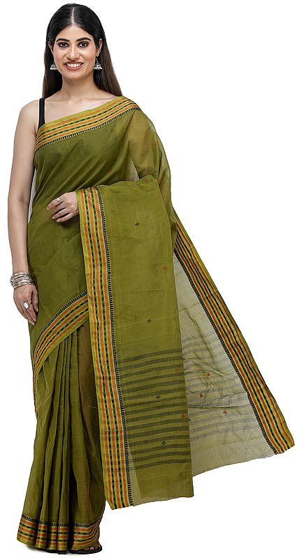 Olive-Green Tant Sari from Bengal with Woven Border and Stripes on Pallu