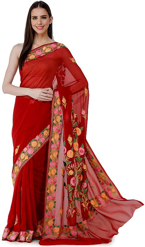 Savvy-Red Sari from Kashmir with Aari-Embroidered Multicolor Flowers On
