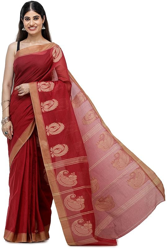 Garnet-Red South-Cotton Handloom Sari from Chennai with Woven Border and Pallu