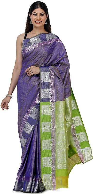 Deep-Blue Banarasi Silk Brocaded Sari with Lime-Green Pallu
