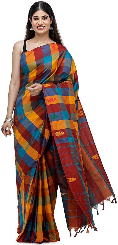 Multicolored Woven Checks Silk Sari from Chennai with Striped Pallu