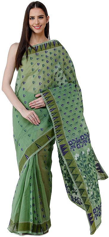 Handloom Tangail Saree from Bengal with Woven Temple Border and Floral Pallu
