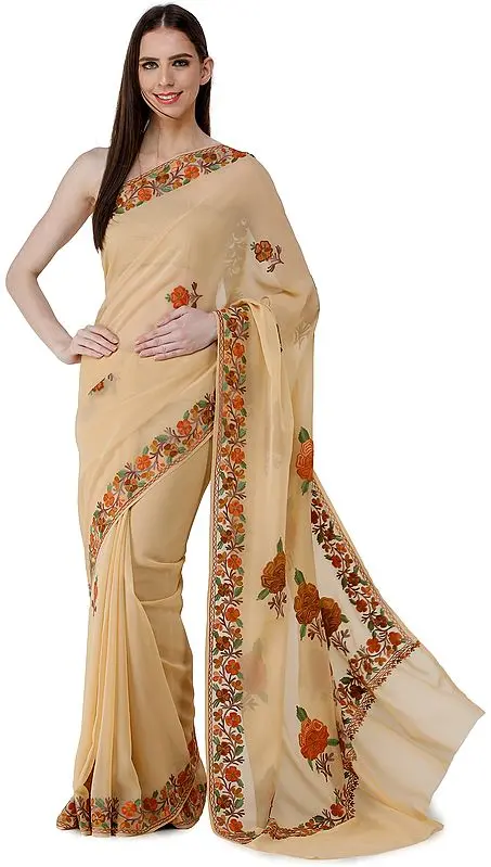Hazelnut Sari from Kashmir with Aari-Embroidered Multicolor Flowers