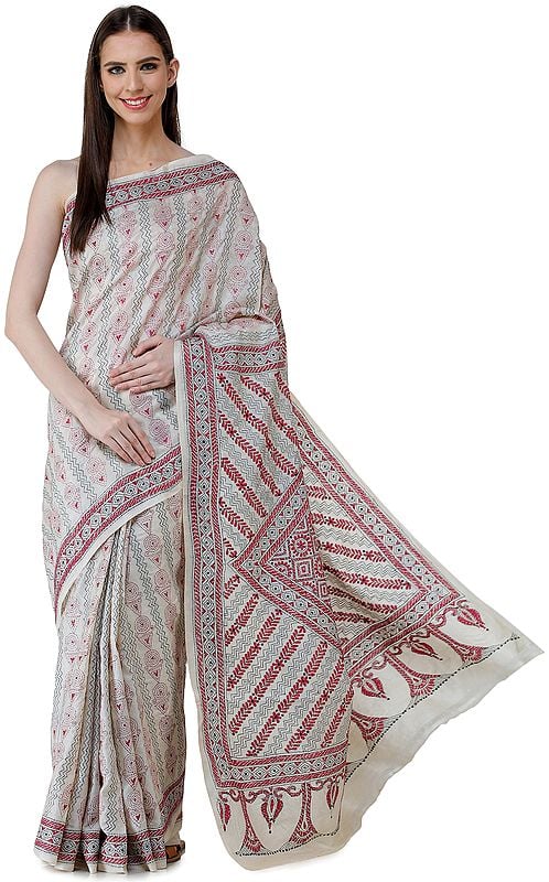 Winter-White Pure Silk Sari from Bengal with Kantha Hand-Embroidered Motifs and Heavy Pallu