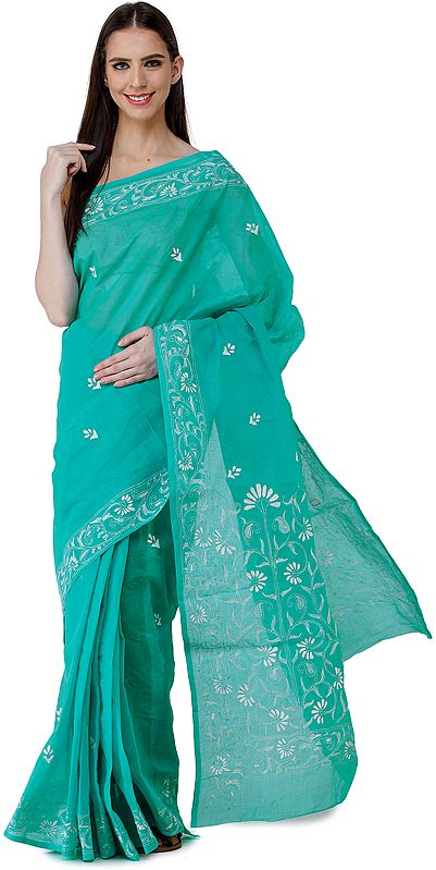 Waterfall-Green Lukhnavi Chikan Sari with Hand-Embroidered Flowers on Border and Pallu