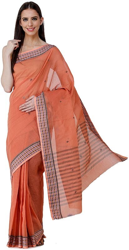 Tant Sari from Bengal with Woven Border and Stripes on Pallu