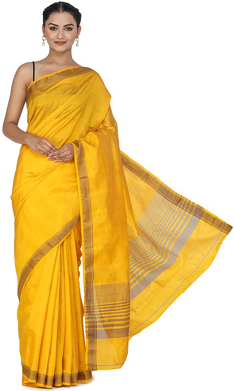 Artisan's Gold Plain Silk Sari from Chennai with Woven Border