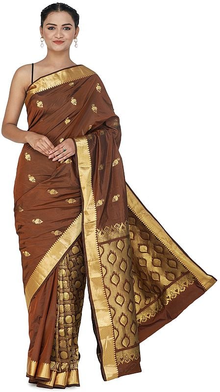 Cognac-Brown Brocaded Handloom Uppada Sari from Bangalore with Peacock Motifs and Heavy Pallu