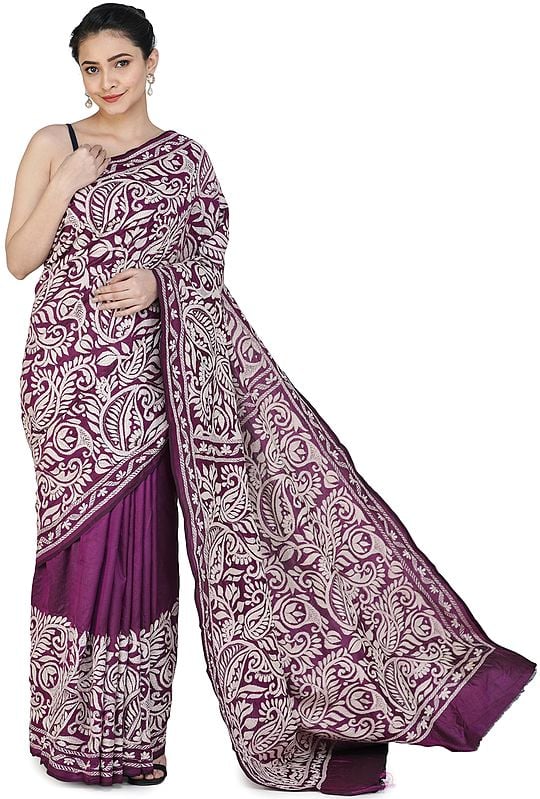 Dark-Purple Pure Silk Sari from Bengal with Kantha Hand-Embroidered Flowers and Heavy Pallu